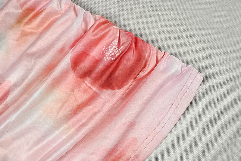 Printed Cowl Neck Backless Ruched Crop Top & Mini Skirt Set | Sleeveless Sexy Two-Piece Set | Pink | Sizes S-L