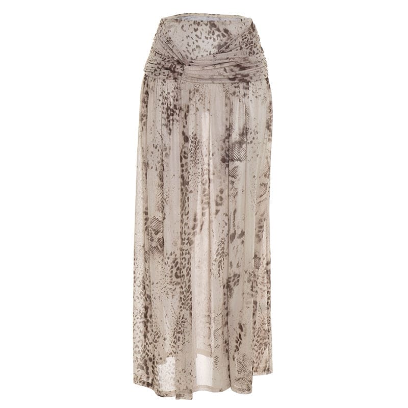 Light Gray Snake Print Jumpsuit & Maxi Slit Skirt Set - Mesh Ruched Twisted 2-Piece Set