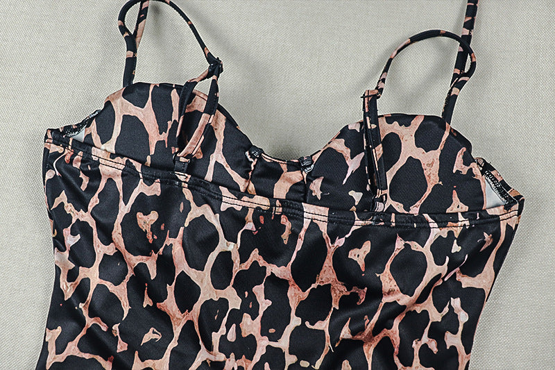Leopard Print Corset Halter Split Maxi Dress | Backless Ruched Bodycon Formal Dress | Sizes S-L