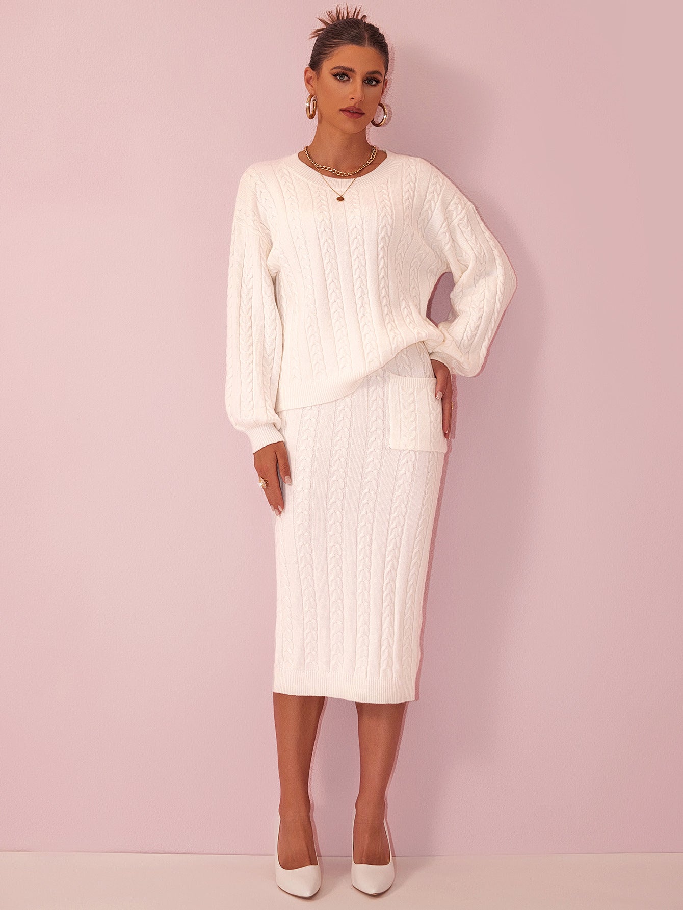Women’s Twist Stitch Sweater and Midi Skirt Set – Long Sleeve Crew Neck Sweater with Pockets