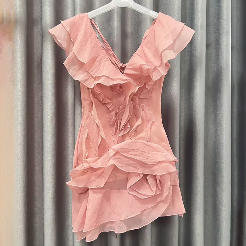 Elegant Ruffled V-Neck Short Dress – Flutter Sleeve A-Line with 3D Lace Details