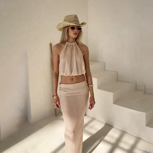 Sexy Backless Two-Piece Halter Skirt Set – Summer Outfit