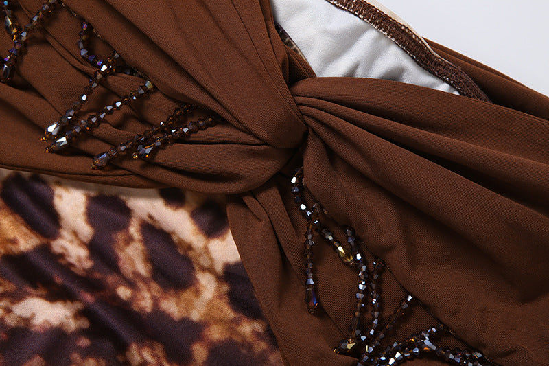 Brown Animal Print Chain Halter Bodysuit & Maxi Skirt Set - Twisted Ruched Fringe Cutout 2-Piece Set