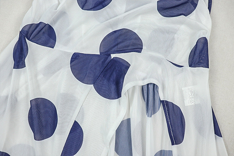 Women’s Polka Dot Backless Maxi Dress – Sleeveless Bodycon Split Dress with Ruched Tie Detail