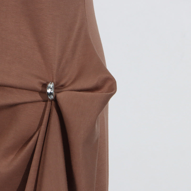 Brown Elegant Pleated V-Neck Maxi Dress