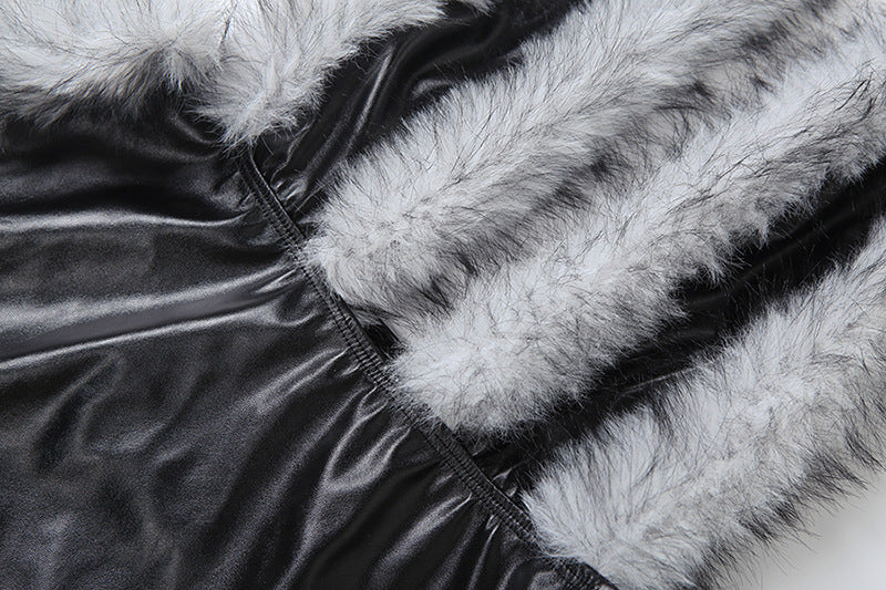 Faux Leather Halter Dress: Deep V Plunge Neck with Fur Trim Stitching