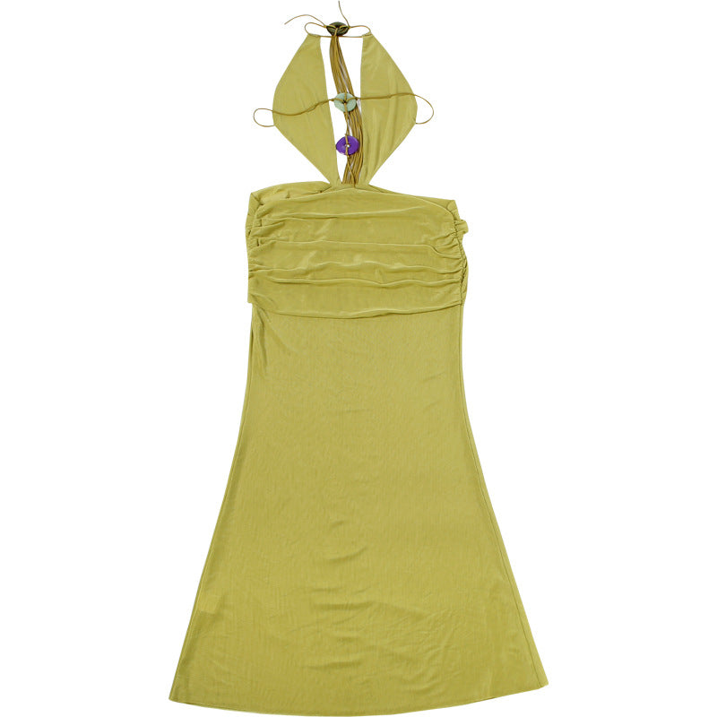 Green Mesh Halter Maxi Dress - Backless Cutout Ruched Bodycon Party Dress