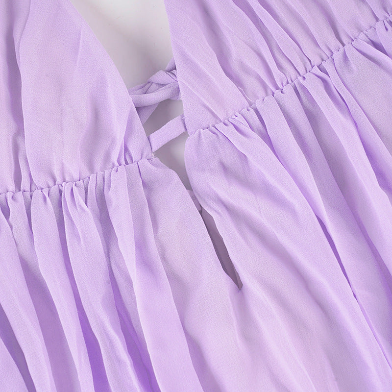 Halter Backless Ruched Mini Dress | Cutout Tie A-Line Vacation Dress | Purple