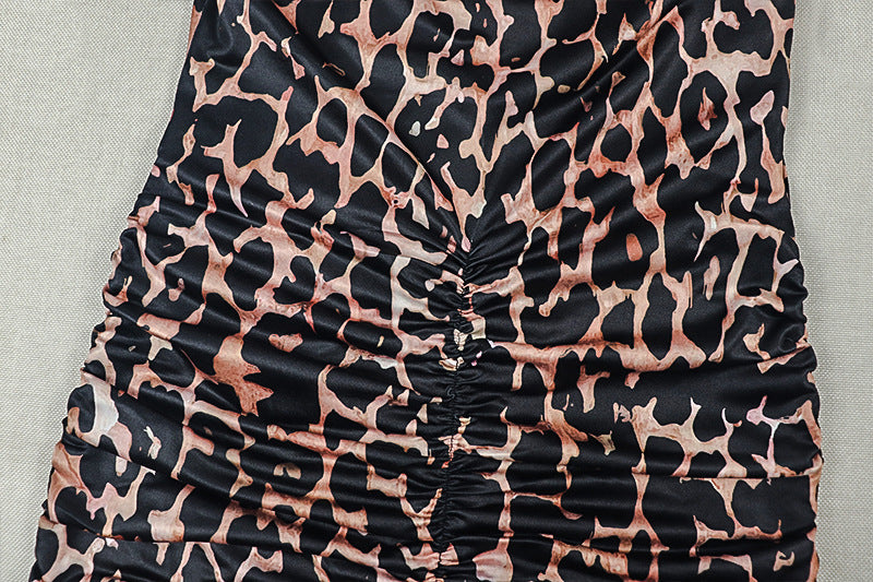 Leopard Print Corset Halter Split Maxi Dress | Backless Ruched Bodycon Formal Dress | Sizes S-L