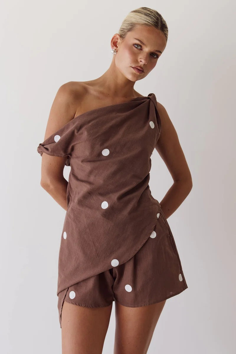 Printed One-Shoulder Top & Loose Shorts Set - Backless Asymmetric Boho 2-Piece Set