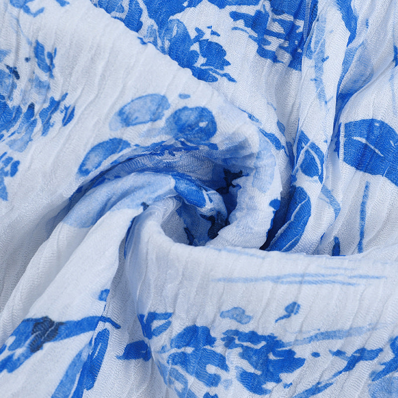 Blue & White Printed Fishtail Dress: Half Turtleneck Long Sleeve Maxi