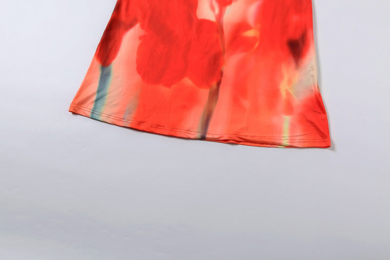 Red Floral Halter Crop Top & Maxi Skirt Set - Color Block Ring Tie 2-Piece Set