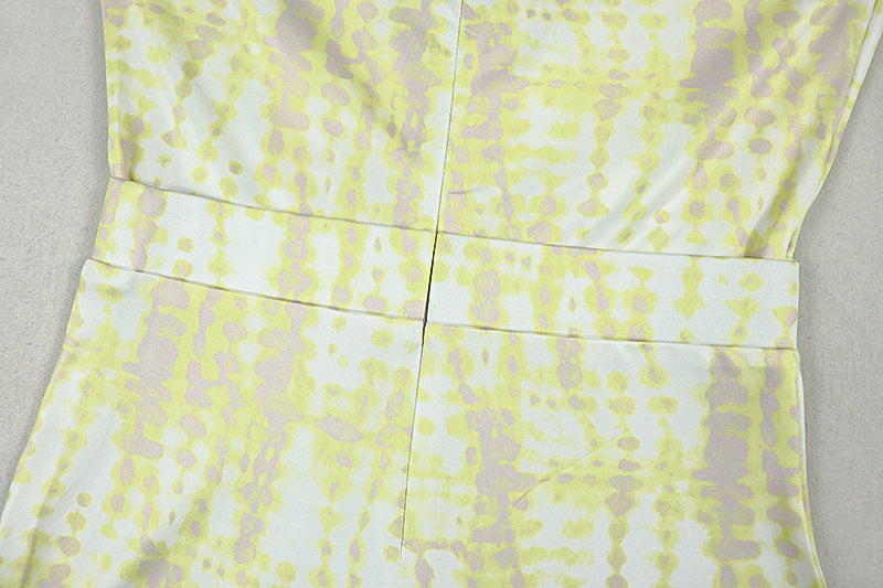 Women’s Yellow & White Printed Pleated Jumpsuit – Slim Fit V-Neck Long Sleeve, Full Length