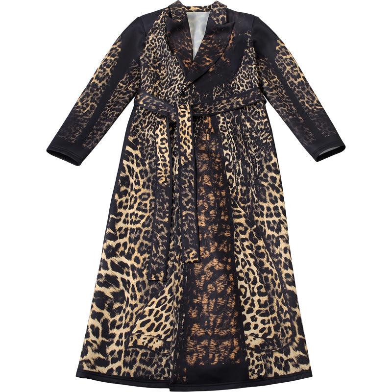 Women’s Leopard Print Belted Trench Coat – Casual Extra-Long Animal Print Coat