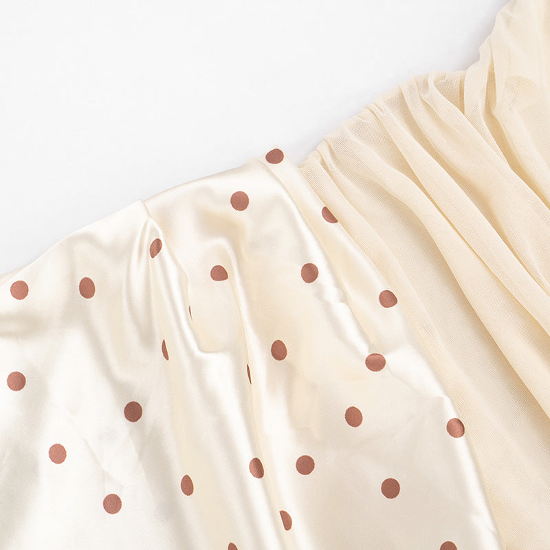Apricot Polka Dot Strapless Bodycon Mini Dress - Cutout Ruched Mesh Patchwork Party Dress