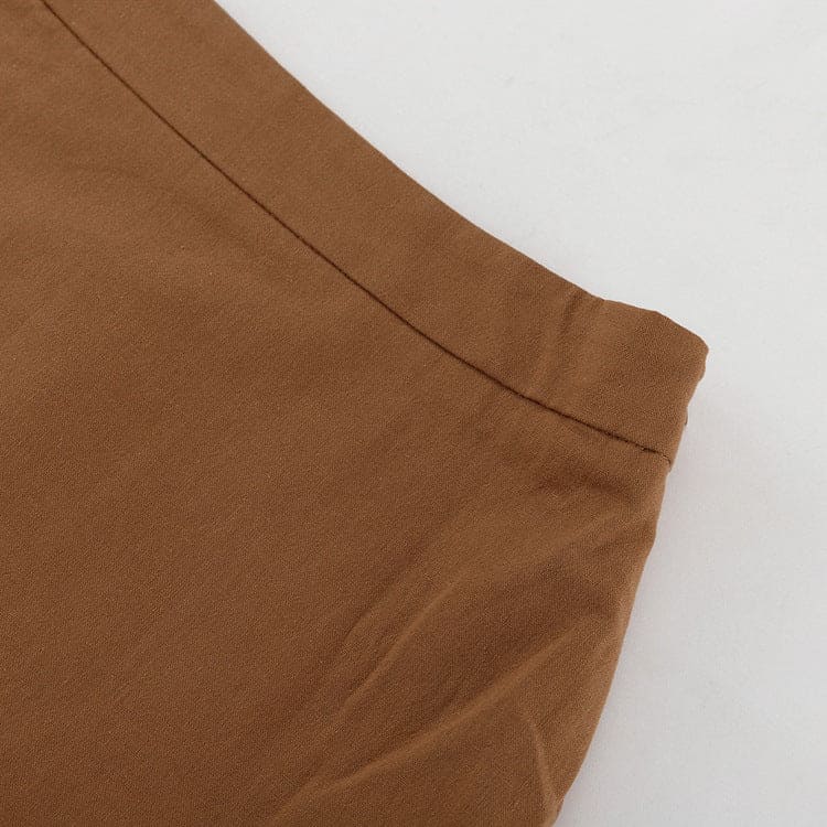 Brown Cotton Crop Top & High-Waist Maxi Skirt Set - Long Sleeve Elegant 2-Piece Set