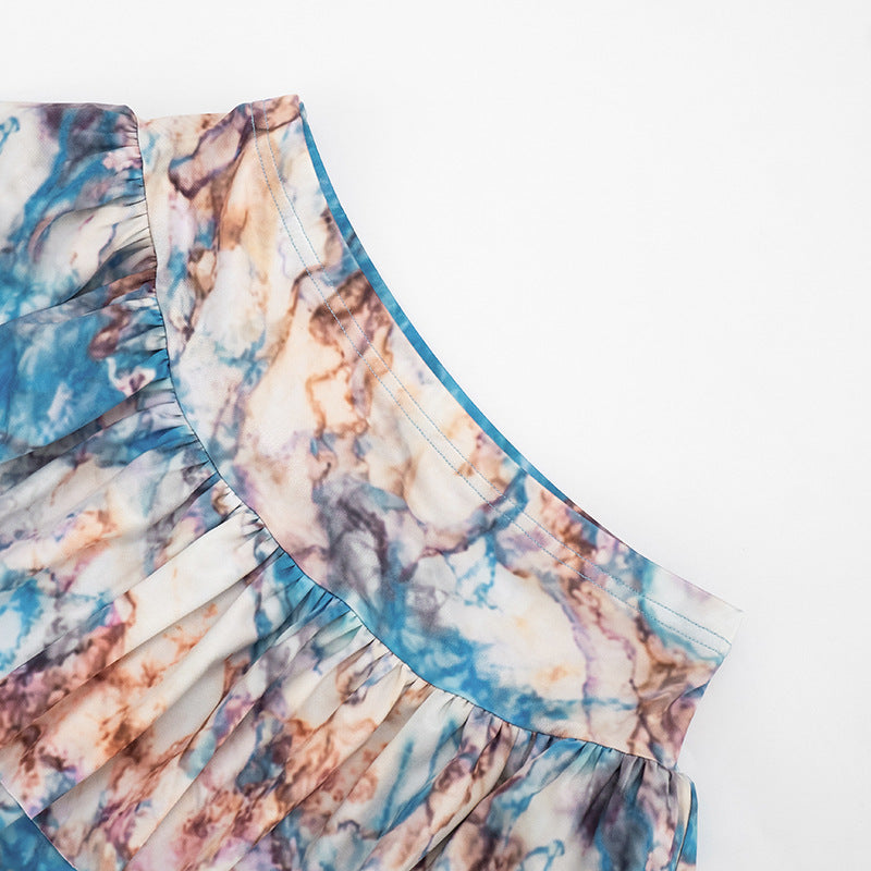 Floral Print Halter Neck Cutout Backless Crop Top & Ruffle Midi Skirt Set | Sleeveless Boho Two-Piece Set | Blue | Sizes S-L