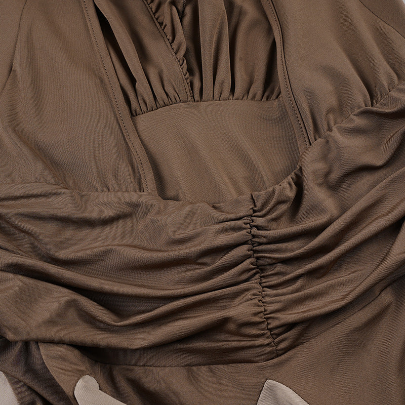 Brown Halter Ruffle Dress - Backless Asymmetric Pleated Mini Dress