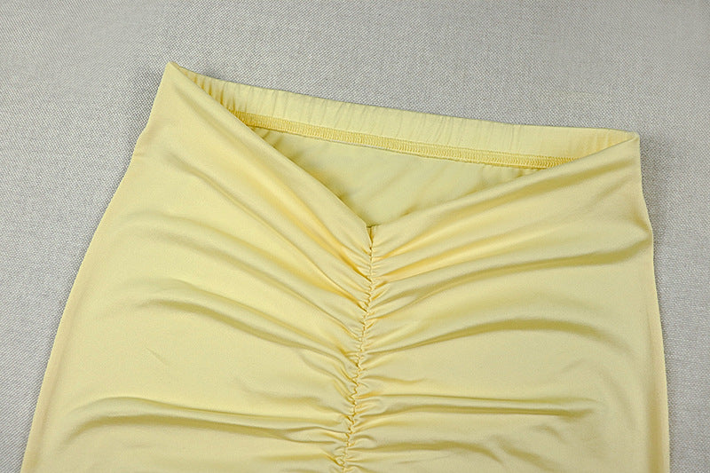 One Shoulder Asymmetric Crop Top & Midi Skirt Set | Ruched Long Sleeve Two-Piece Set | Yellow | Sizes S-L