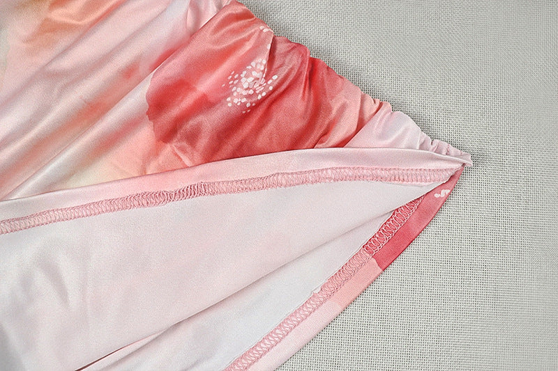 Printed Cowl Neck Backless Ruched Crop Top & Mini Skirt Set | Sleeveless Sexy Two-Piece Set | Pink | Sizes S-L
