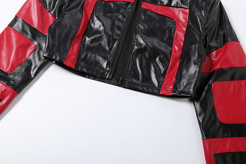Women’s Cropped Leather Jacket – Slim Fit Zipper Motorcycle Coat, Color Block