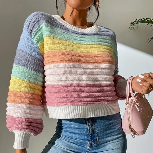 Cropped Striped Lantern Sleeve Sweater