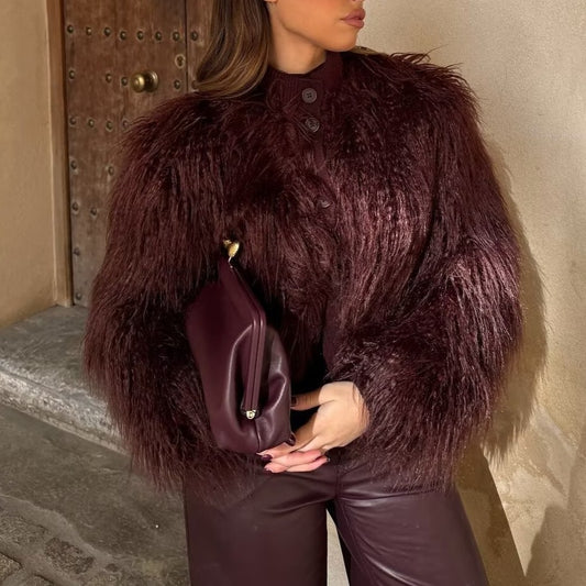 Burgundy Faux Fur Knit Coat: Retro Look Teddy Bear Sweater Jacket