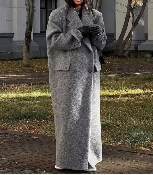 Gray Wool Blend Long Coat for Women: Button Front Winter Outerwear