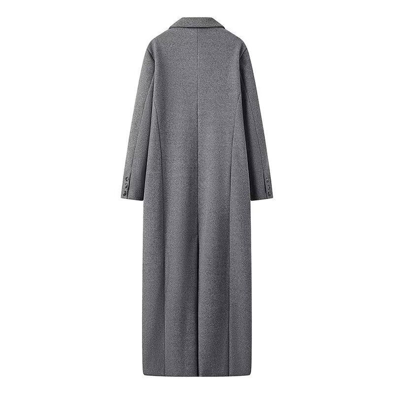 Gray Wool Blend Long Coat for Women: Button Front Winter Outerwear