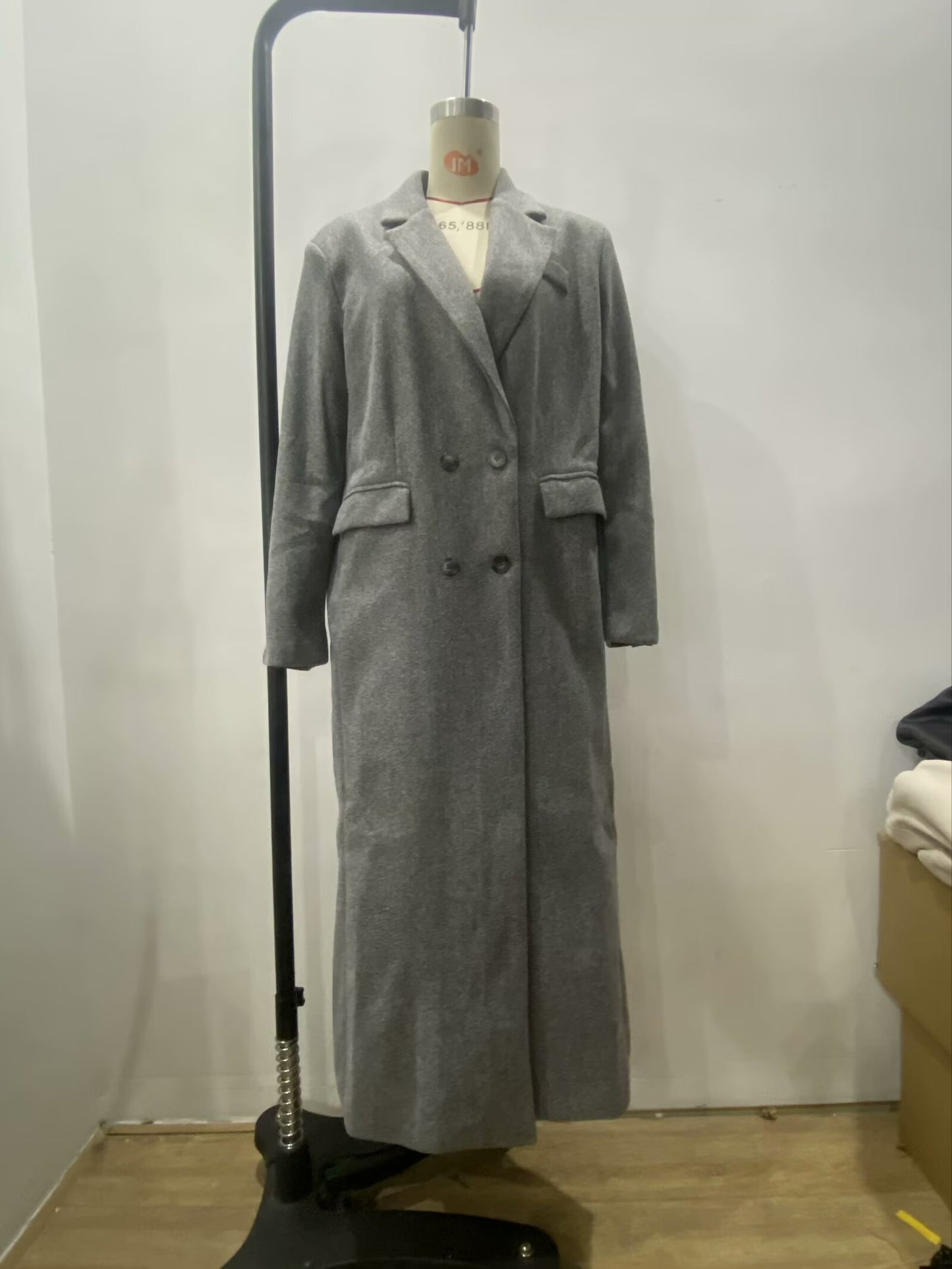 Gray Wool Blend Long Coat for Women: Button Front Winter Outerwear