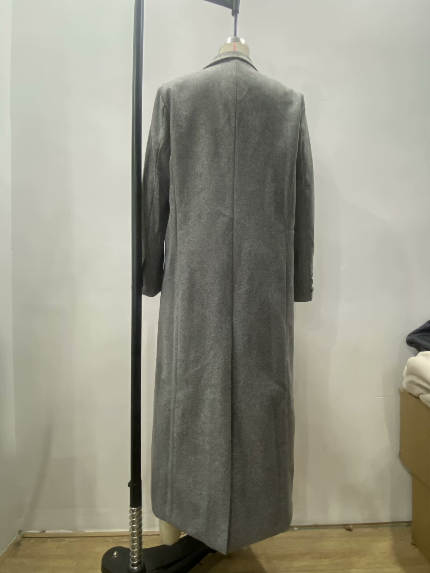 Gray Wool Blend Long Coat for Women: Button Front Winter Outerwear