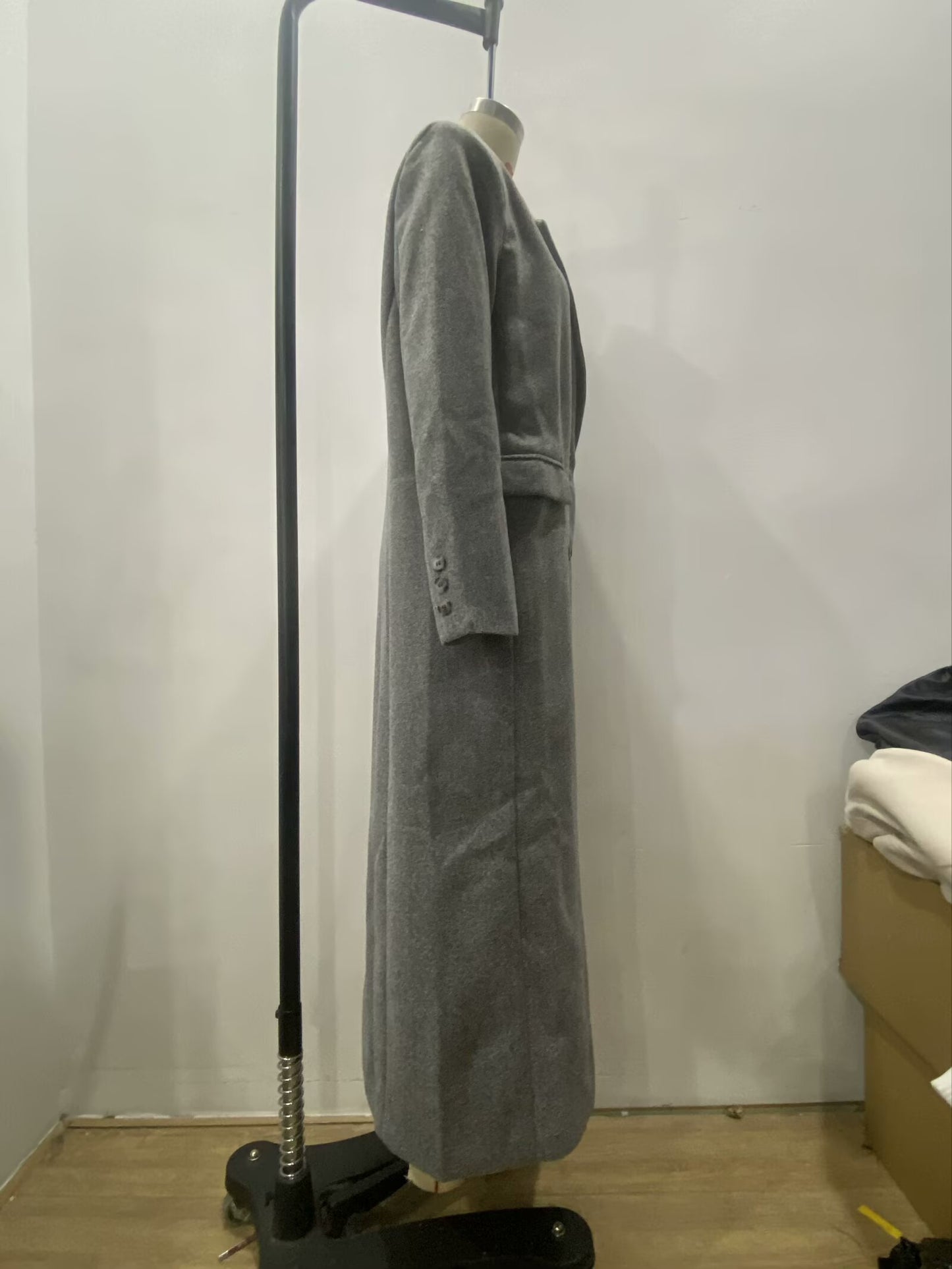 Gray Wool Blend Long Coat for Women: Button Front Winter Outerwear