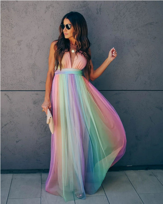 Rainbow Mesh Suspenders Deep V Plunge Camisole Dress: Sexy and Stylish for Spring/Summer