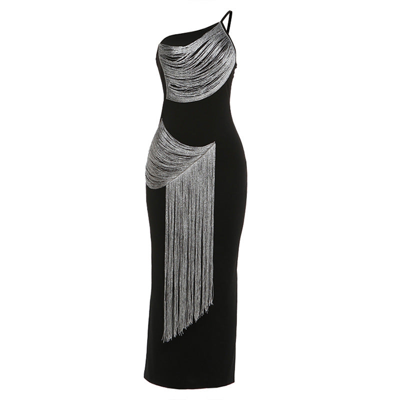 Black One-Shoulder Fringe Tassel Maxi Dress - Asymmetric Bodycon Party Dress