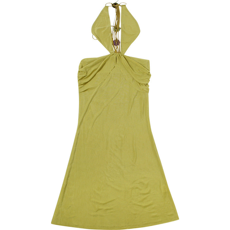 Green Mesh Halter Maxi Dress - Backless Cutout Ruched Bodycon Party Dress