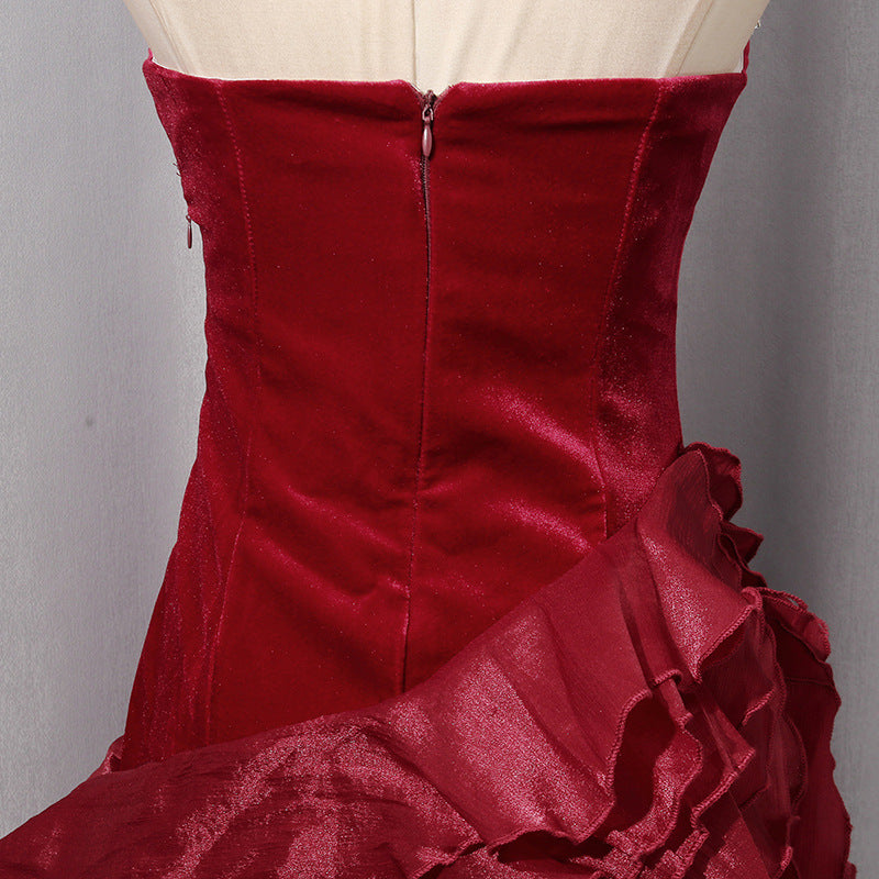 🍷 Ruby Luxe Rhinestone Ruffle High-Low Dress