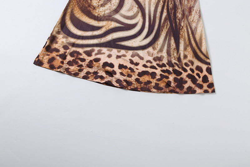 Brown Animal Print Chain Halter Bodysuit & Maxi Skirt Set - Twisted Ruched Fringe Cutout 2-Piece Set