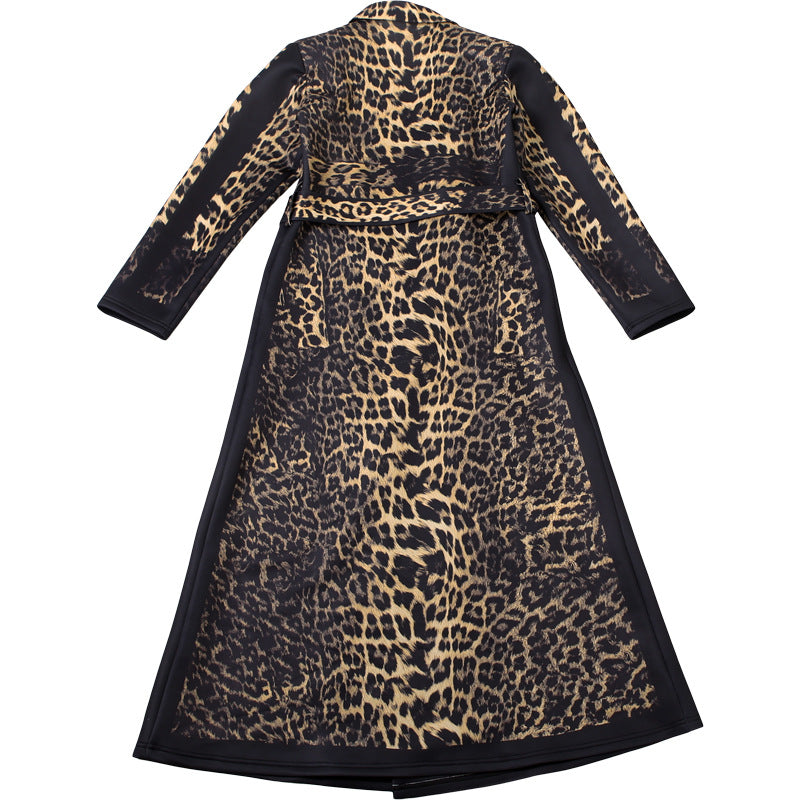 Women’s Leopard Print Belted Trench Coat – Casual Extra-Long Animal Print Coat