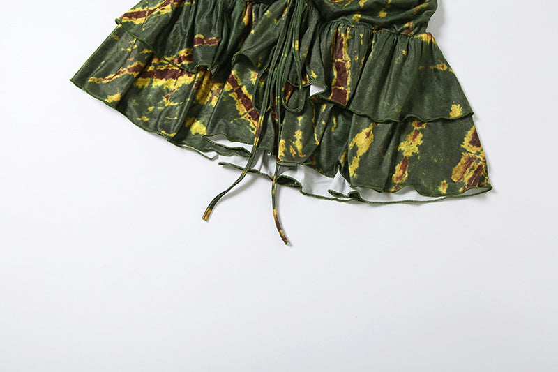 Halter Neck Cutout Backless Ruched Crop Top & Contrast Mini Skirt Set | Sleeveless Sexy Two-Piece Set | Green | Sizes S-L