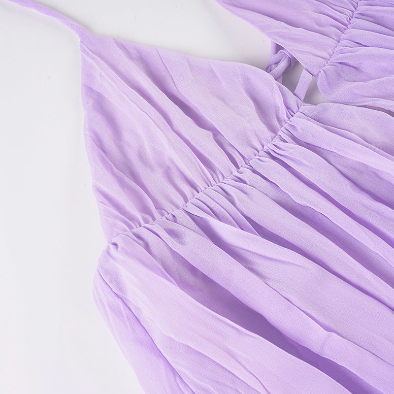 Halter Backless Ruched Mini Dress | Cutout Tie A-Line Vacation Dress | Purple