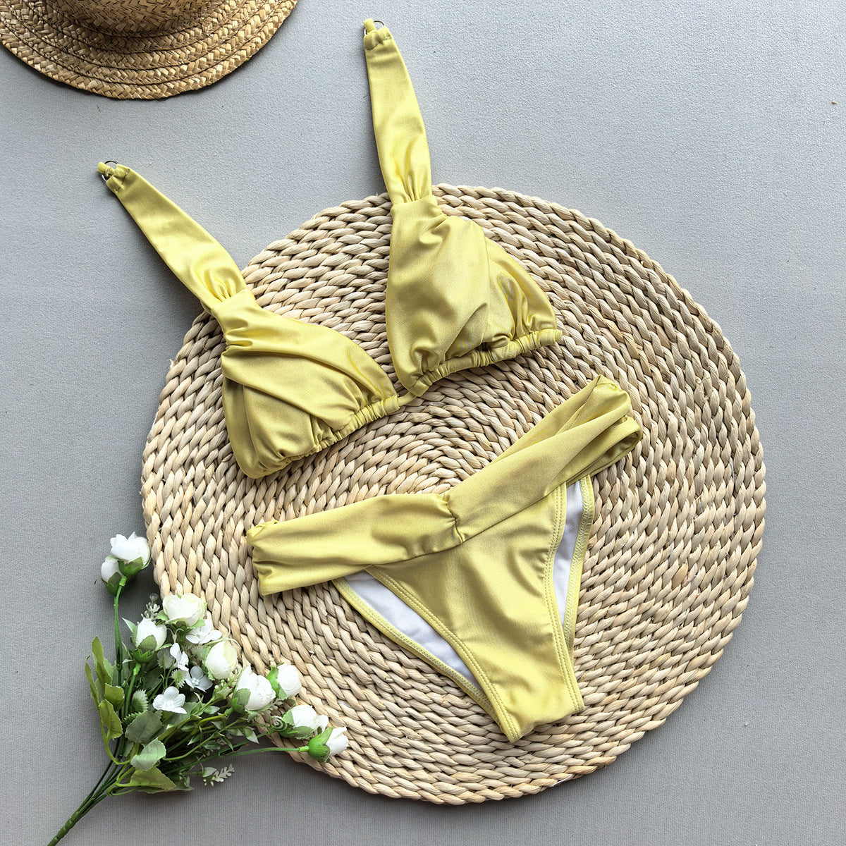 Solid Color Ruched Tie Bikini Set | Regular Strap Boho Swimsuit | 2 Colors | Sizes S-L
