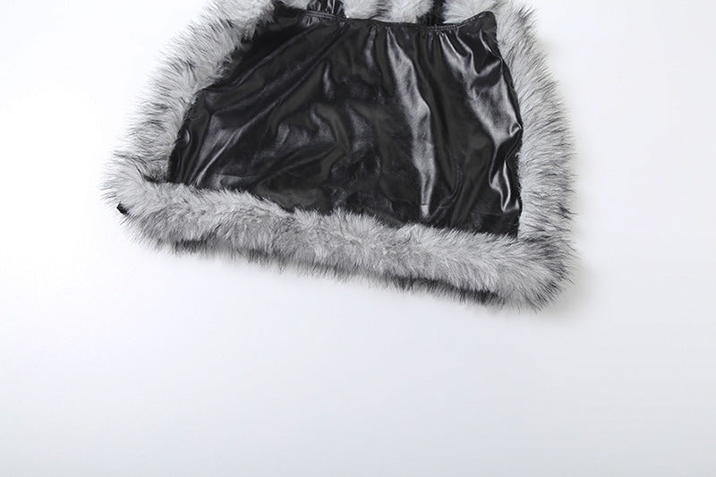 Faux Leather Halter Dress: Deep V Plunge Neck with Fur Trim Stitching
