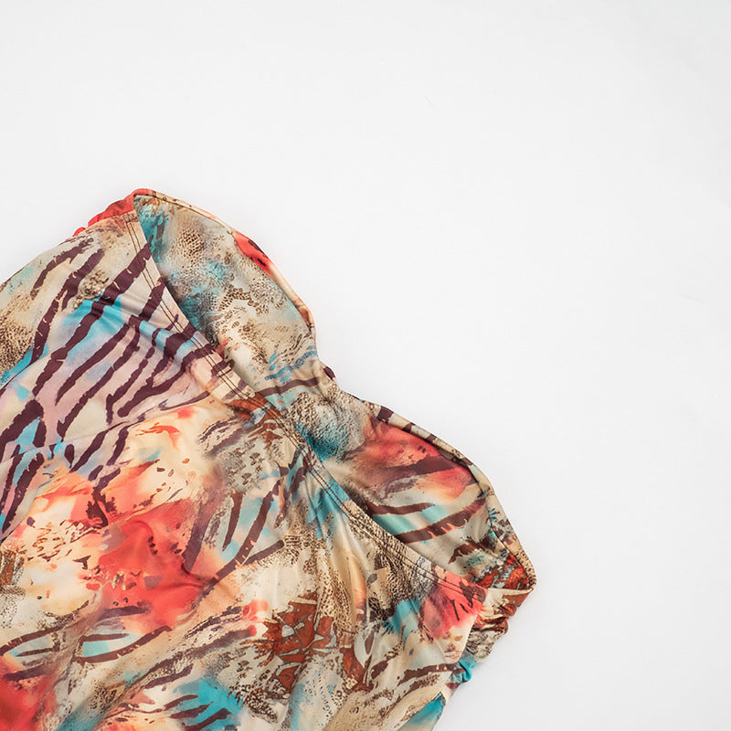 Sweetheart Ruched Bodycon Mini Dress - Sleeveless Abstract Print Vacation Dress