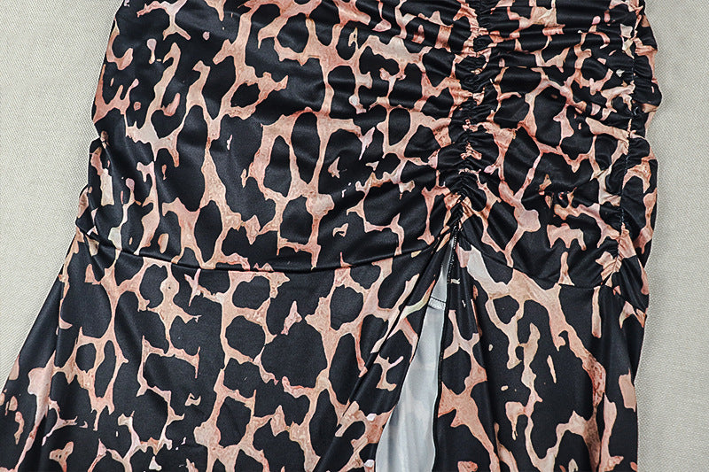 Leopard Print Corset Halter Split Maxi Dress | Backless Ruched Bodycon Formal Dress | Sizes S-L