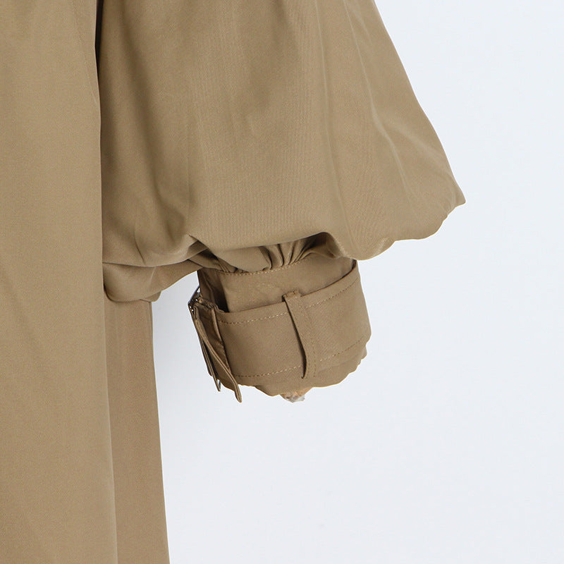 Women’s Elegant Long Sleeve Windbreaker Coat – Single-Breasted Slim Fit High-Grade Outerwear with Ruffle and Belt Detail