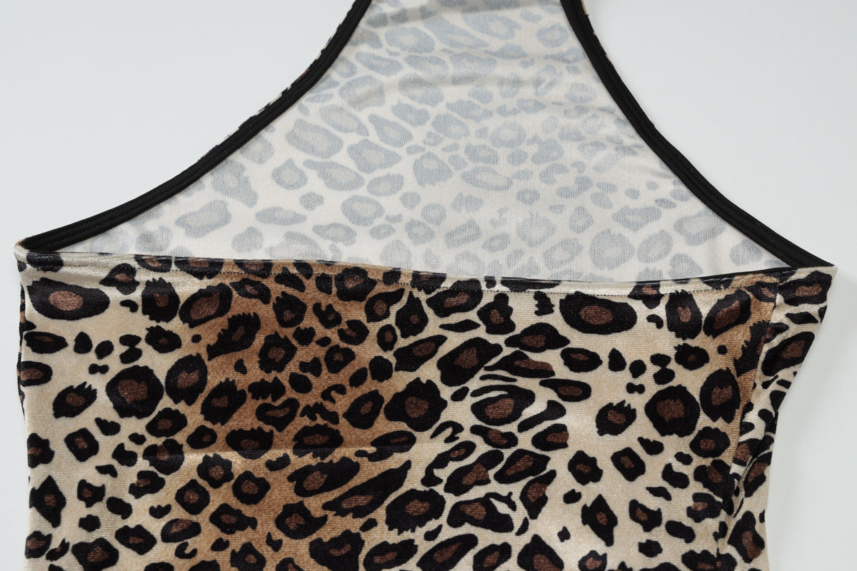Leopard Print Halter Dress: Backless High Split Bodycon