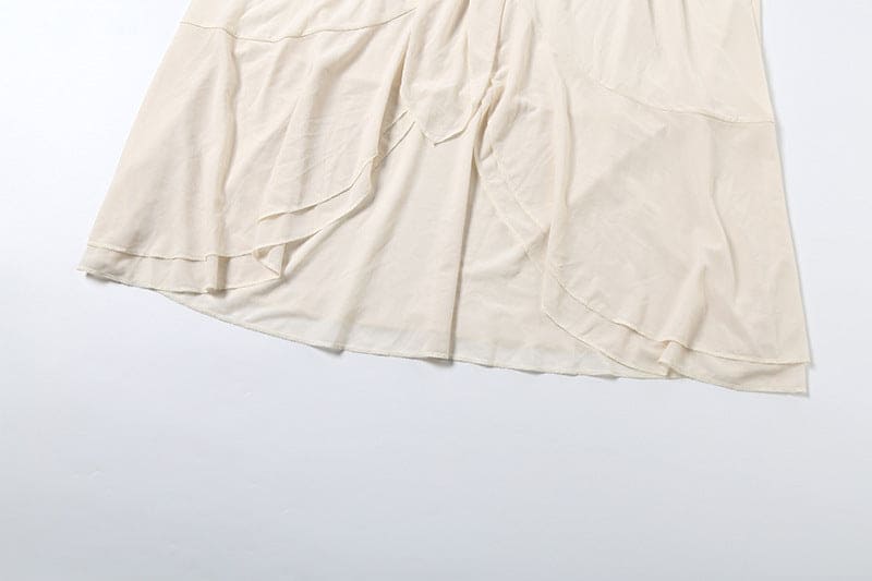 Apricot Chiffon Lace Collar Blouse & Midi Skirt Set - Ruched Ruffle V-Neck 2-Piece Set