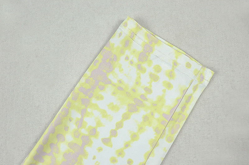 Women’s Yellow & White Printed Pleated Jumpsuit – Slim Fit V-Neck Long Sleeve, Full Length