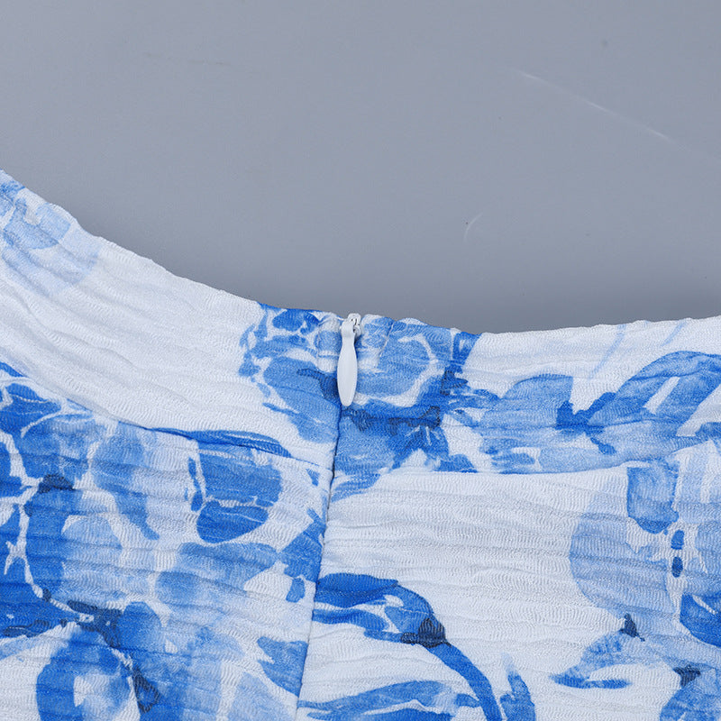 Blue & White Printed Fishtail Dress: Half Turtleneck Long Sleeve Maxi