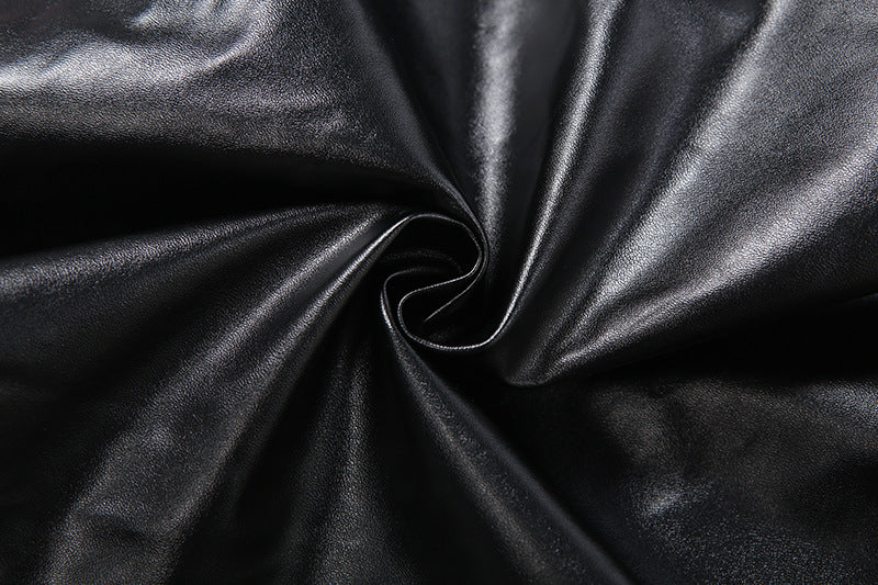 Women’s Cropped Leather Jacket – Slim Fit Zipper Motorcycle Coat, Color Block